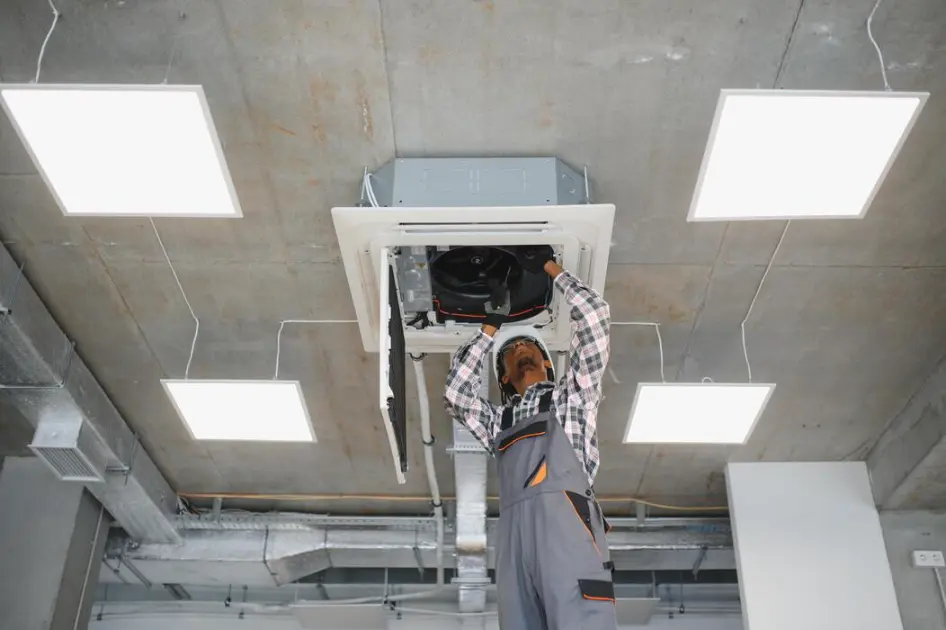 african-american-technician-repairing-air-conditioning-ventilation-system-on-ceiling-photo